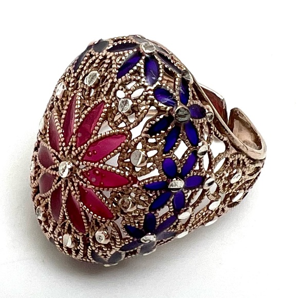 NWT 925 ST SILVER & ENAMEL PERFORATED FILIGREE FLOWERS RING - Picture 12 of 13
